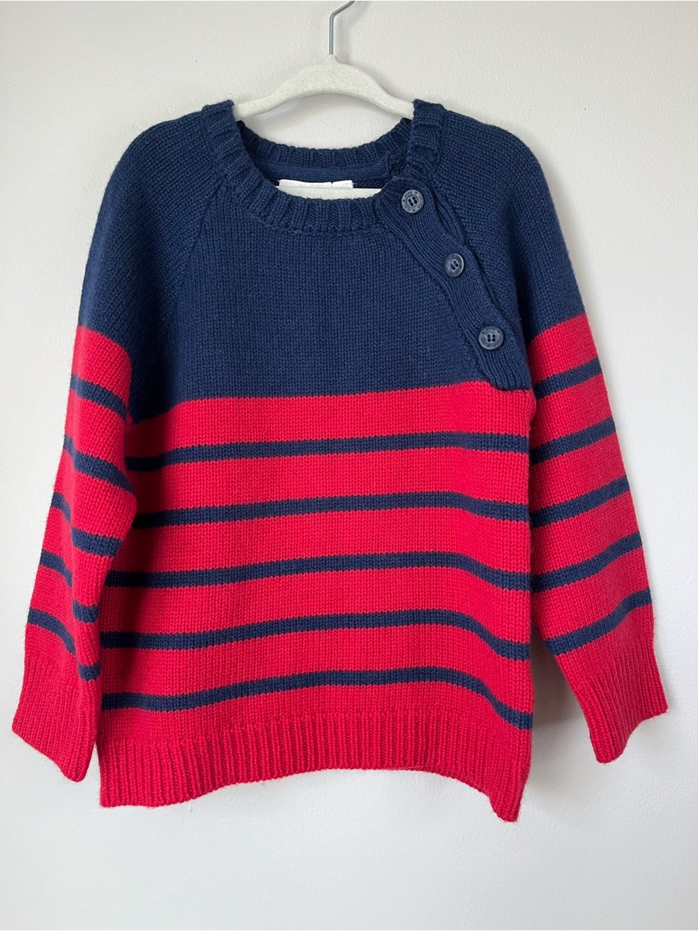 JoJo Maman Bebe Boys 4/5 Navy Red Striped Button Accent Sweater Lambswool Blend
